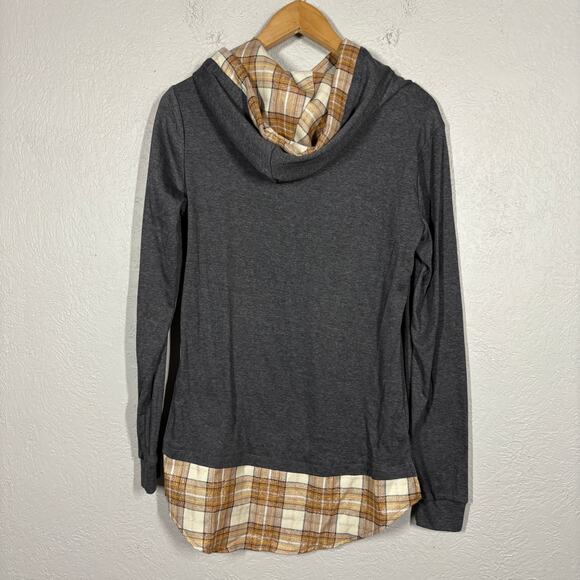 NEW! Djt Hoodie Plaid Trim Pullover Blouse Combo Gray Tan Gold Casual - 35 - Picture 4 of 5